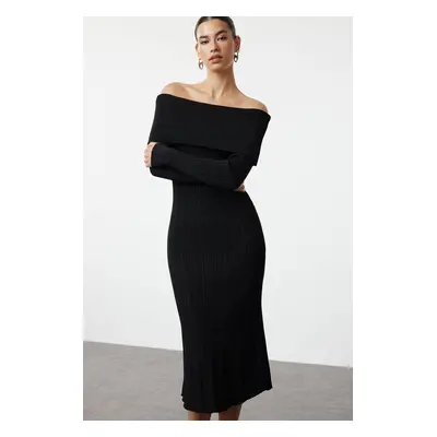 Trendyol Black Midi Knit Basic Carmen Collar Dress