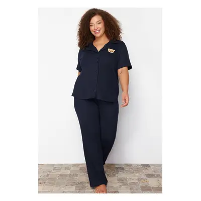 Trendyol Curve Navy Embroidered Shirt Collar Knitted Pajamas Set