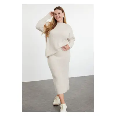 Trendyol Curve Beige Crew Neck Ribbed Knitwear Sweater & Skirt Bottom-Top Set