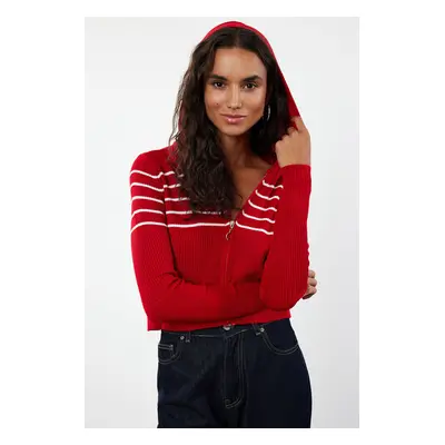 Trendyol Red Crop Hooded Knitwear Cardigan