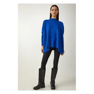 Happiness İstanbul Women's Blue High Neck Slit Knitwear Poncho Sweater