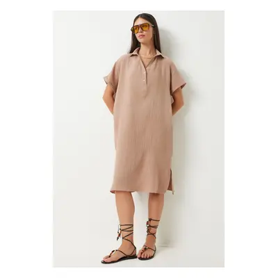 Happiness İstanbul Women's Biscuit Polo Neck Summer Loose Muslin Dress