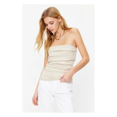 Trendyol Ecru Drape Detailed Lurex/Silvery Strapless Stretchy Knitted Blouse