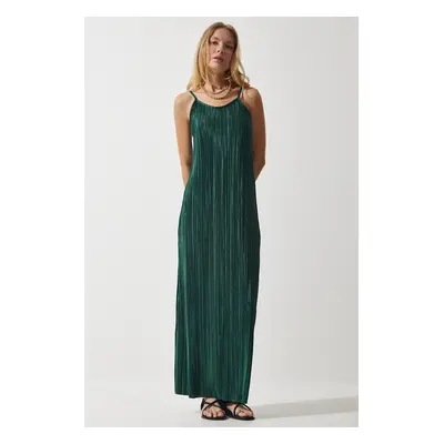 Happiness İstanbul Women's Emerald Green Strappy Summer Pleated Dress