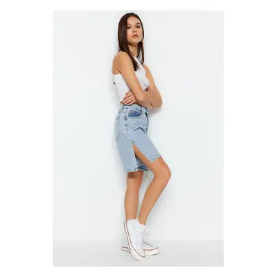 Trendyol Light Blue Slit High Waist Denim Shorts