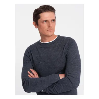 Ombre Men's cotton sweater with round neckline - navy blue melange