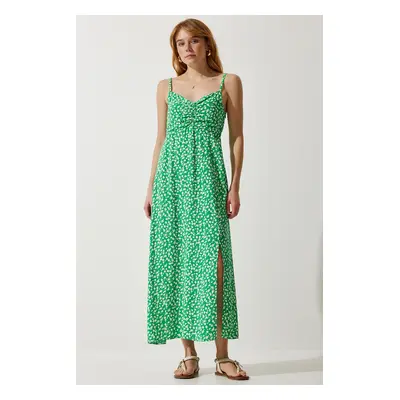 Happiness İstanbul Women's Green Strap Patterned Viscose Dress