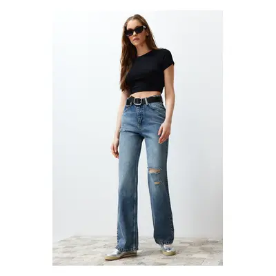 Trendyol Blue More Sustainable Ripped High Waist Wide Leg Jeans