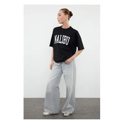 Trendyol Black 100% Cotton City Slogan Printed Oversize/Relaxed Cut Knitted T-Shirt