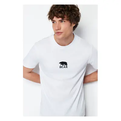 Trendyol White Regular Cut Bear/Animal Embroidered 100% Cotton Short Sleeve T-Shirt