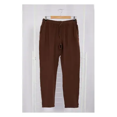 Trendyol Brown Regular Fit Limited Edition 100% Linen Elastic Waist Tie Trousers