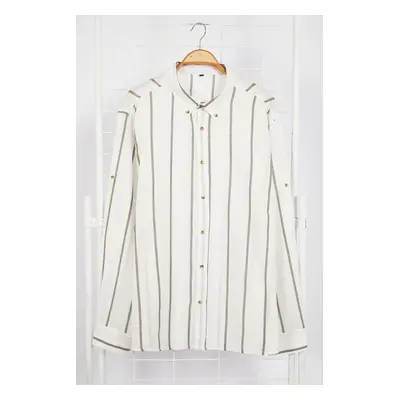 Trendyol Khaki Regular Fti Button Collar Slim Striped Plus Size Shirt