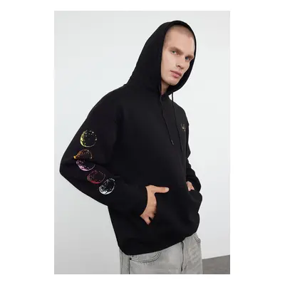 Trendyol Black Oversize/Wide Cut Hooded Fleece/Warm Reflective Print Sweatshirt