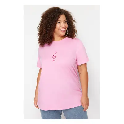 Trendyol Curve Pink Wide Pattern Knitted Embroidery T-Shirt