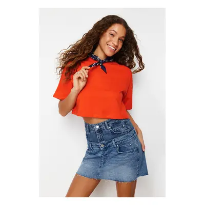 Trendyol Premium Red 100% Cotton Crop Knitted T-Shirt