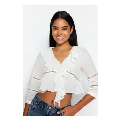 Trendyol Ecru Crop Flounce Lace Detailed Woven Shirt