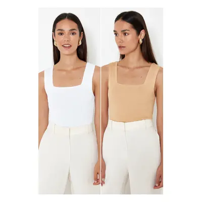 Trendyol Camel-Ecru Basic Double Package Top Knitted Thin Blouse