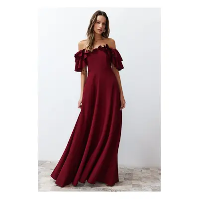 Trendyol Burgundy A-Cut Flounce Woven Long Elegant Evening Dress