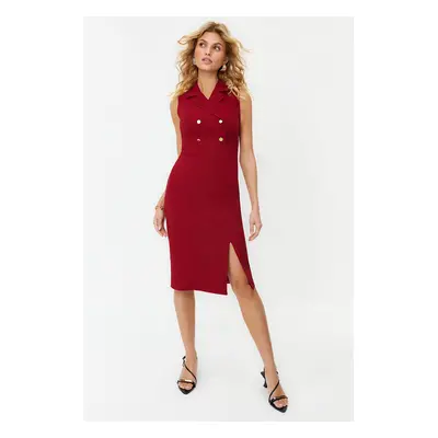 Trendyol Burgundy Fitted Button Detailed Slit Midi Pencil Skirt Woven Dress