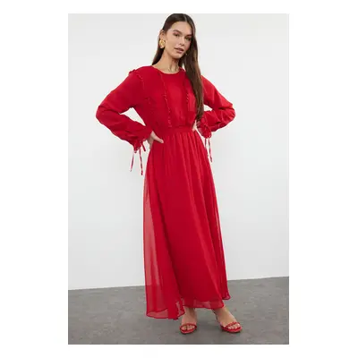 Trendyol Red Sleeve Ruffle Detailed Woven Chiffon Dress