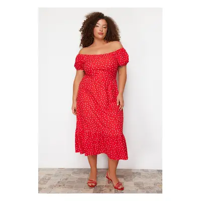 Trendyol Curve Red Polka Dot Patterned A-line Maxi Length Knitted Plus Size Dress