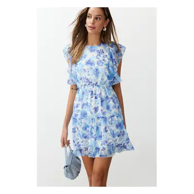 Trendyol Blue Floral Waist Opening Ruffle Mini Woven Dress