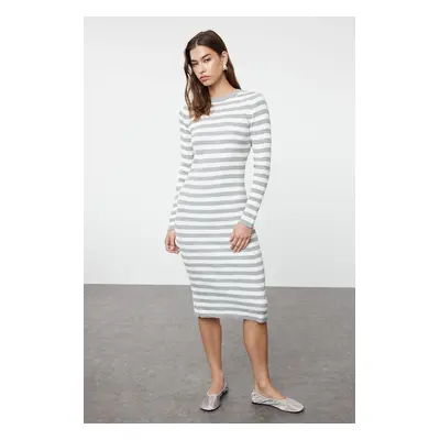 Trendyol Gray Midi Knitwear Basic Striped Dress