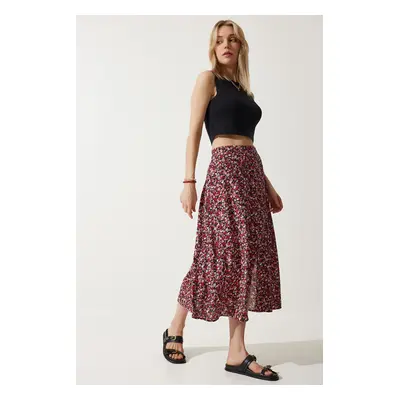 Happiness İstanbul Women's Red Black Floral Slit Summer Viscose Skirt