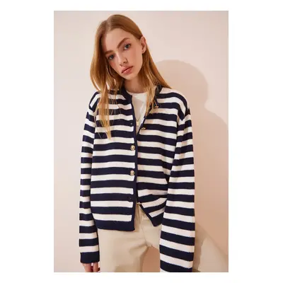 Happiness İstanbul Women's Ecru Navy Blue Waistband Striped Knitwear Cardigan