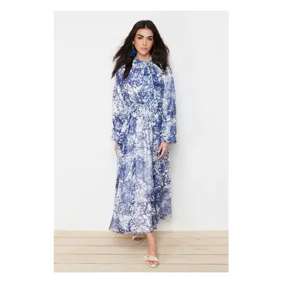 Trendyol Blue Floral Pattern Lined Long Chiffon Evening Dress