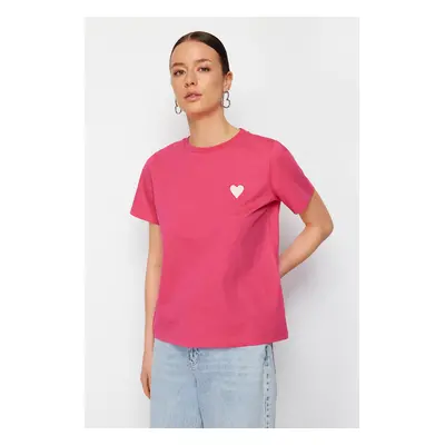 Trendyol Pink Cotton Leaf/Glossy Heart Embroidery Regular/Regular Fit Knitted T-Shirt