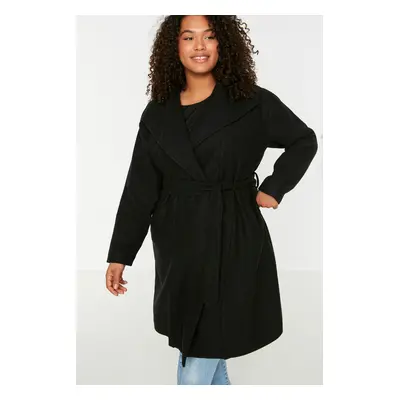 Trendyol Curve Black Belted Wide Collar Oversize Cashmere Coat