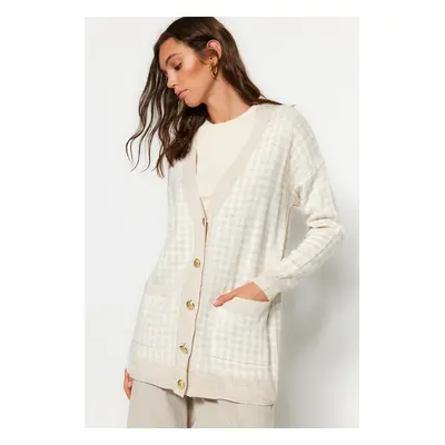 Trendyol Stone Wide Fit Houndstooth Knitwear Cardigan