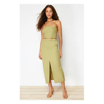 Trendyol Khaki Premium Straight Midi Length Knitted Skirt With Front Slit