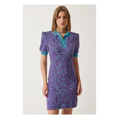 Happiness İstanbul Women's Purple Patterned Polo Collar Knitwear Dress