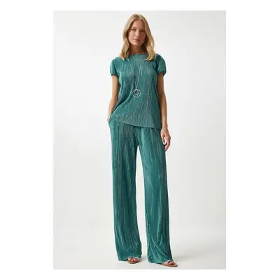 Happiness İstanbul Women's Vibrant Green Pleated Casual Blouse Trousers Set