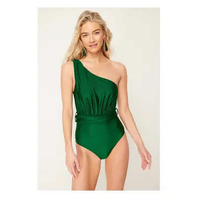 Trendyol Green One Shoulder Draped Regular Swimsuit