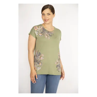 Şans Women's Khaki Plus Size Crew Neck Front Printed Short Sleeve Blouse