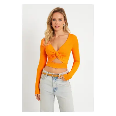 Cool & Sexy Women's Front Knotted Crop Blouse Orange