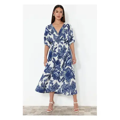 Trendyol Blue Floral A-Line Double-Breasted Midi Woven Dress