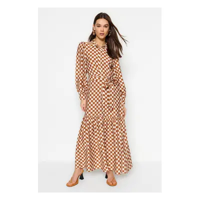 Trendyol Orange Belted Checkered Woven Shirt Dress