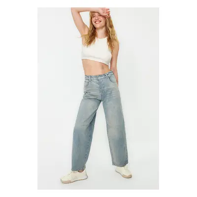 Trendyol Blue Stitch Detail Belt Buckle on Back High Waist Barrel Jeans