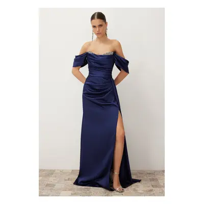 Trendyol Navy Blue Low Sleeve Stone Accessory Detailed Woven Long Elegant Evening Dress