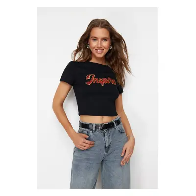 Trendyol Black 100% Cotton Motto Printed Fitted Crop Knitted T-Shirt