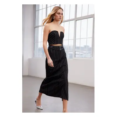 Trendyol Limited Edition Black Striped Belted Woven Long Skirt