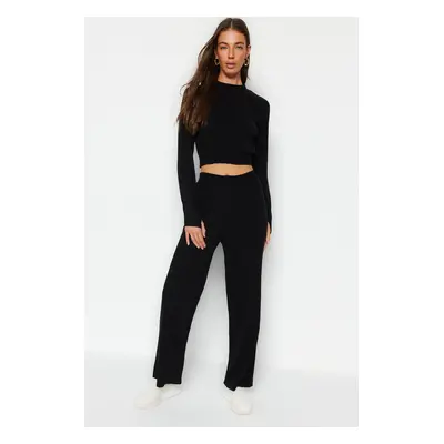 Trendyol Black Crop Ribbed Finger Detailed Knitwear Bottom-Top Set