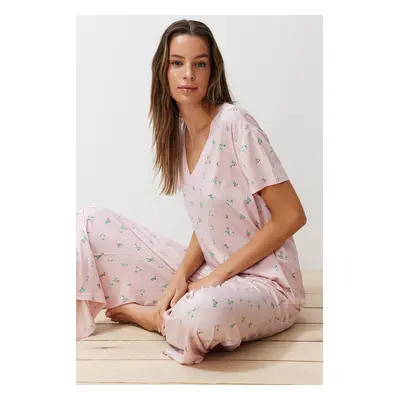 Trendyol Powder-Multicolored Floral Knitted Pajamas Set