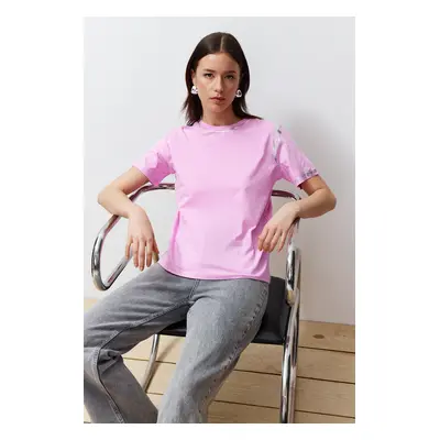 Trendyol Pink Leafy Loose/Comfortable Pattern Knitted T-Shirt