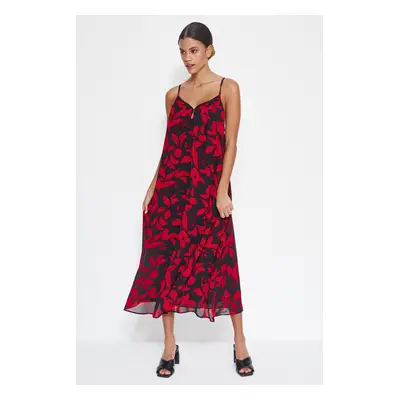 Trendyol Red Floral Print Straight Cut Maxi Woven Chiffon Lined Woven Dress