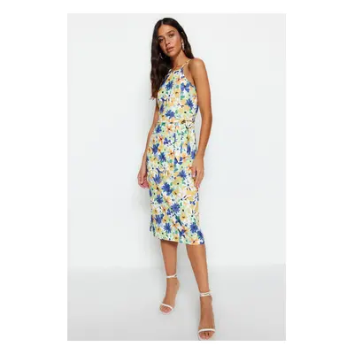 Trendyol Green Floral Print Halter Neck Belted Crepe Midi Knitted Dress